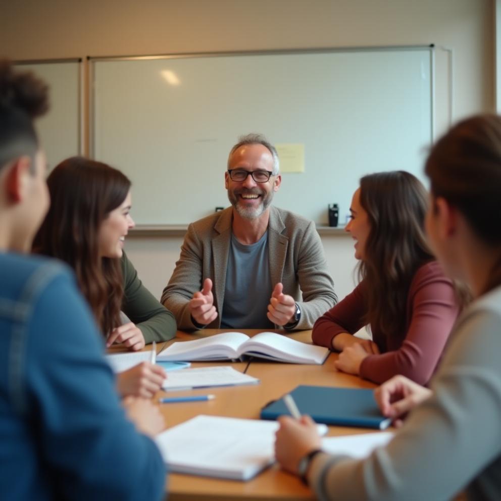 Groupe d’élèves avec leur enseignante dans une salle de classe à Lyon